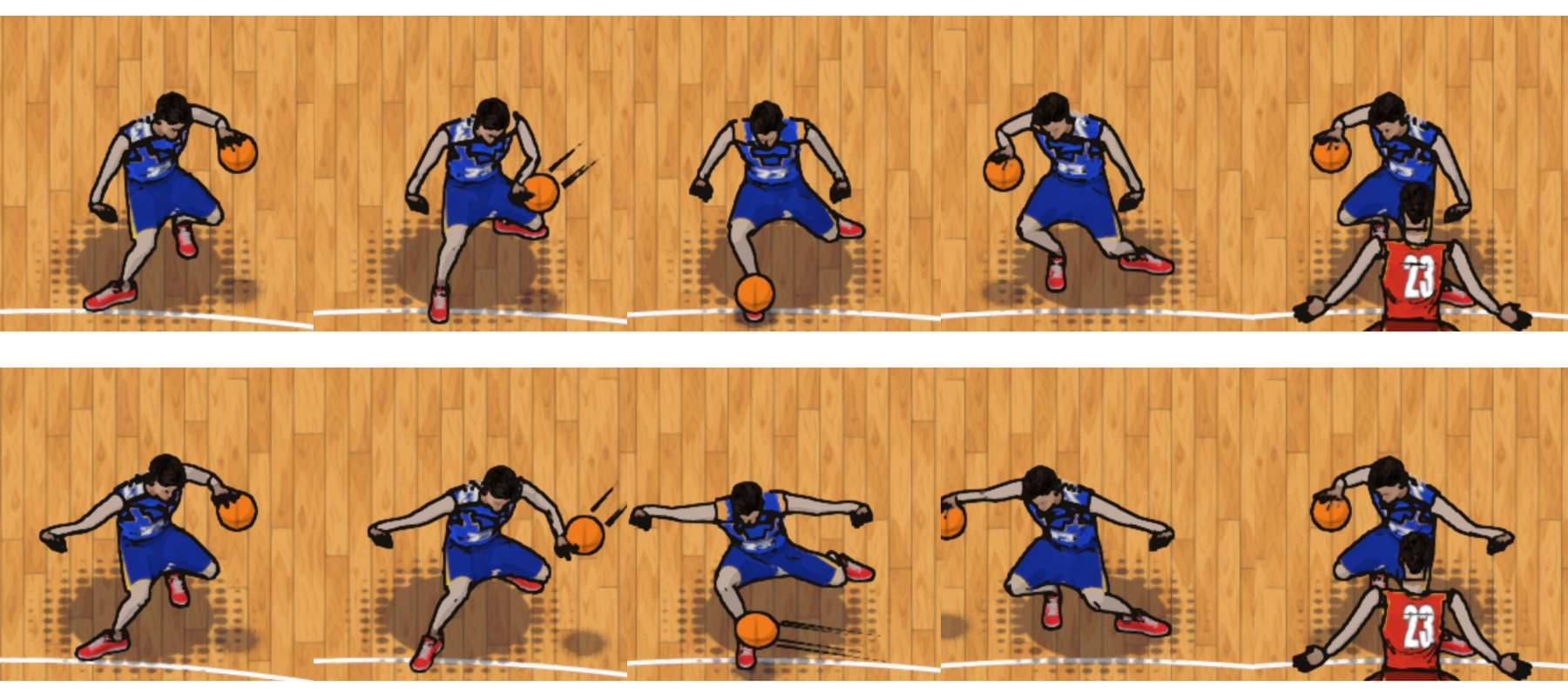 Two rows of frames from the game: an ordinary crossover on top and a low crossover with both arms held wide underneath.