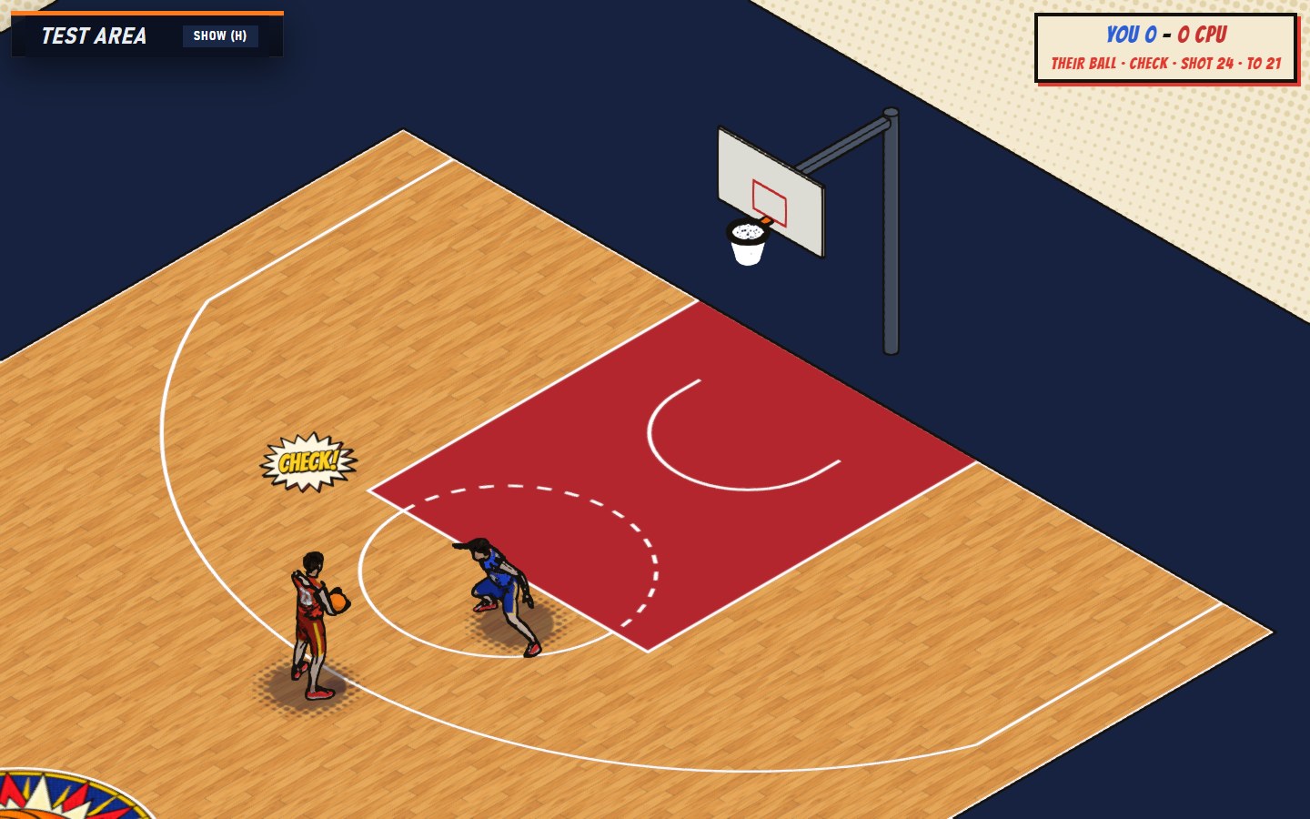 A 1-on-1 game: a red ball handler and a blue defender near the key, with a comic CHECK pop-up word.