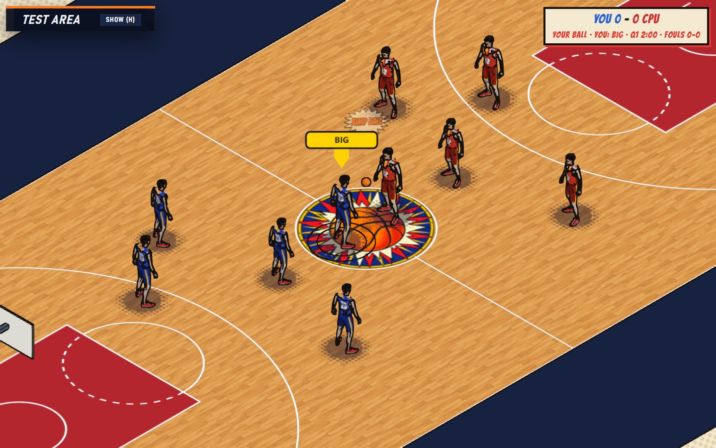 A comic-style basketball game at tip-off, drawn from an isometric camera.